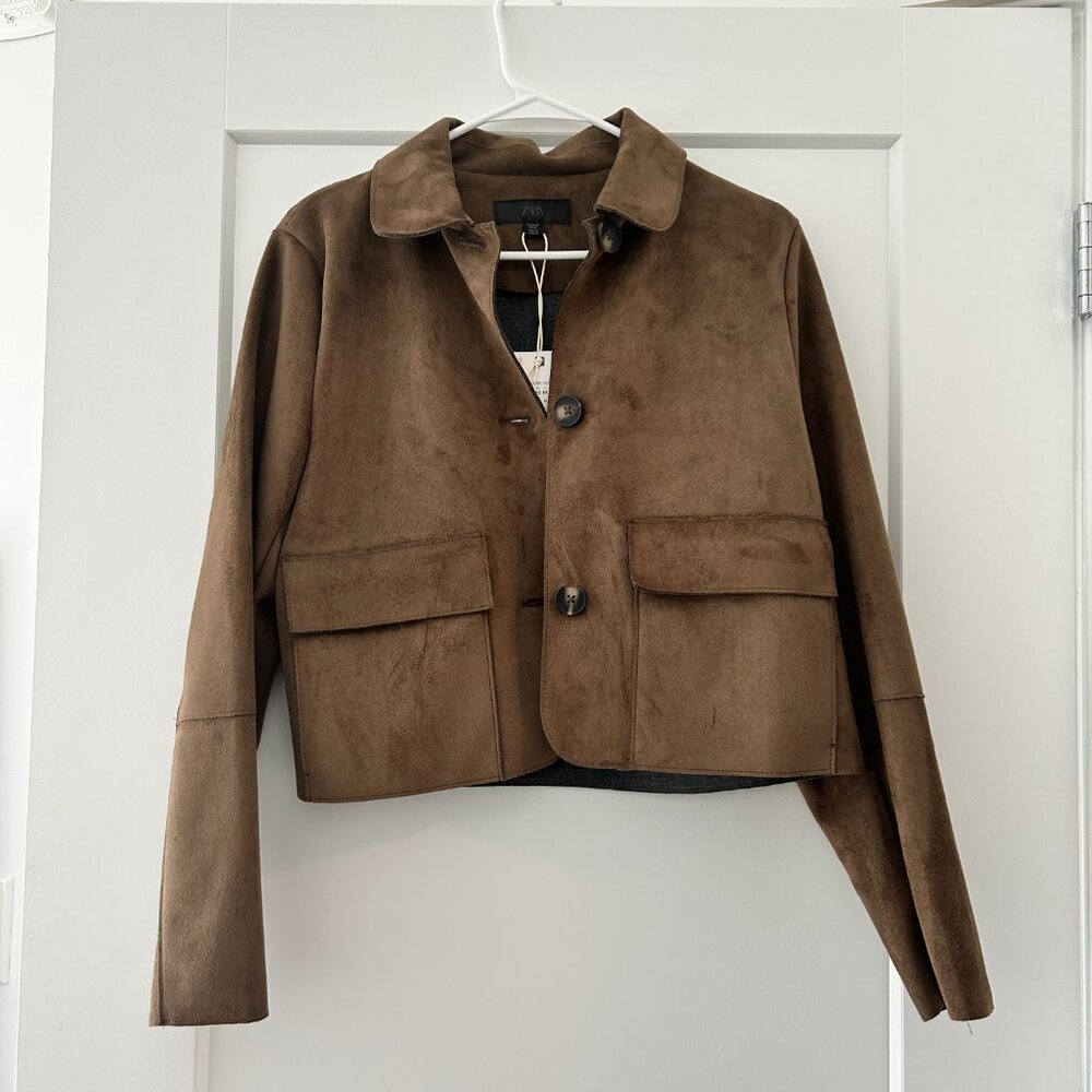 Zara Short Faux Suede Jacket, Khaki, Size M - Picture 6 of 8
